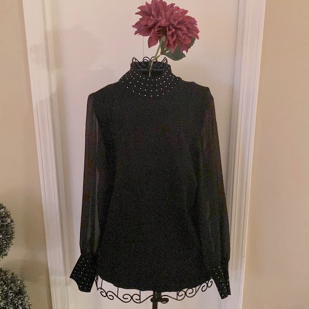Jeweled Blouse with Sheer Sleeves